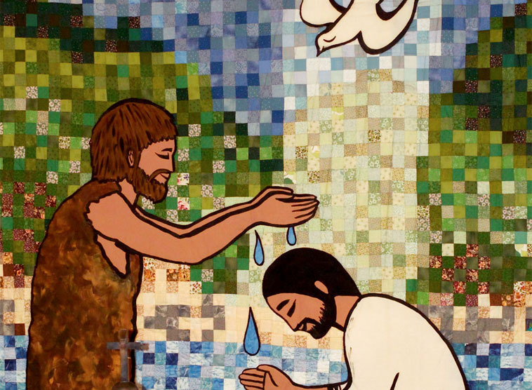 Johannes der Täufer tauft Jesus im Jordan, Mosaik, Pfarre Bruckhaufen