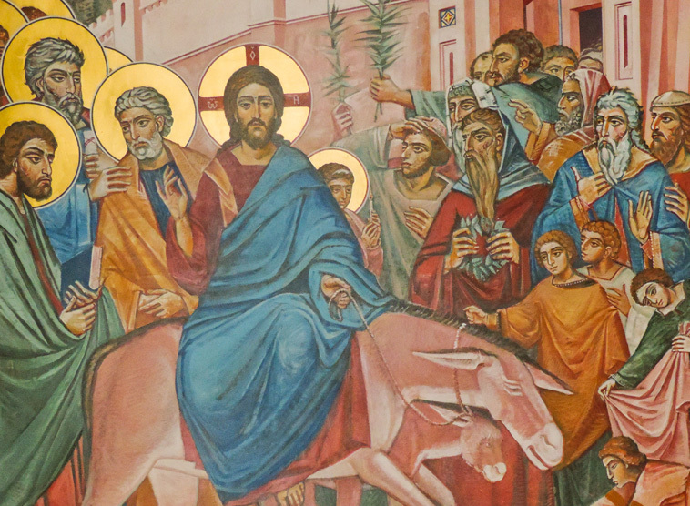 Palmsonntag / Jesus reitet auf einem Esel in Jerusalem ein