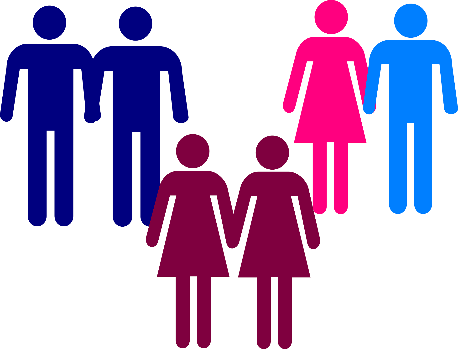 Symbolische Darstellung von sechs stilisierten Personen, angeordnet als drei Paare in Blau, Pink und Dunkelrot.