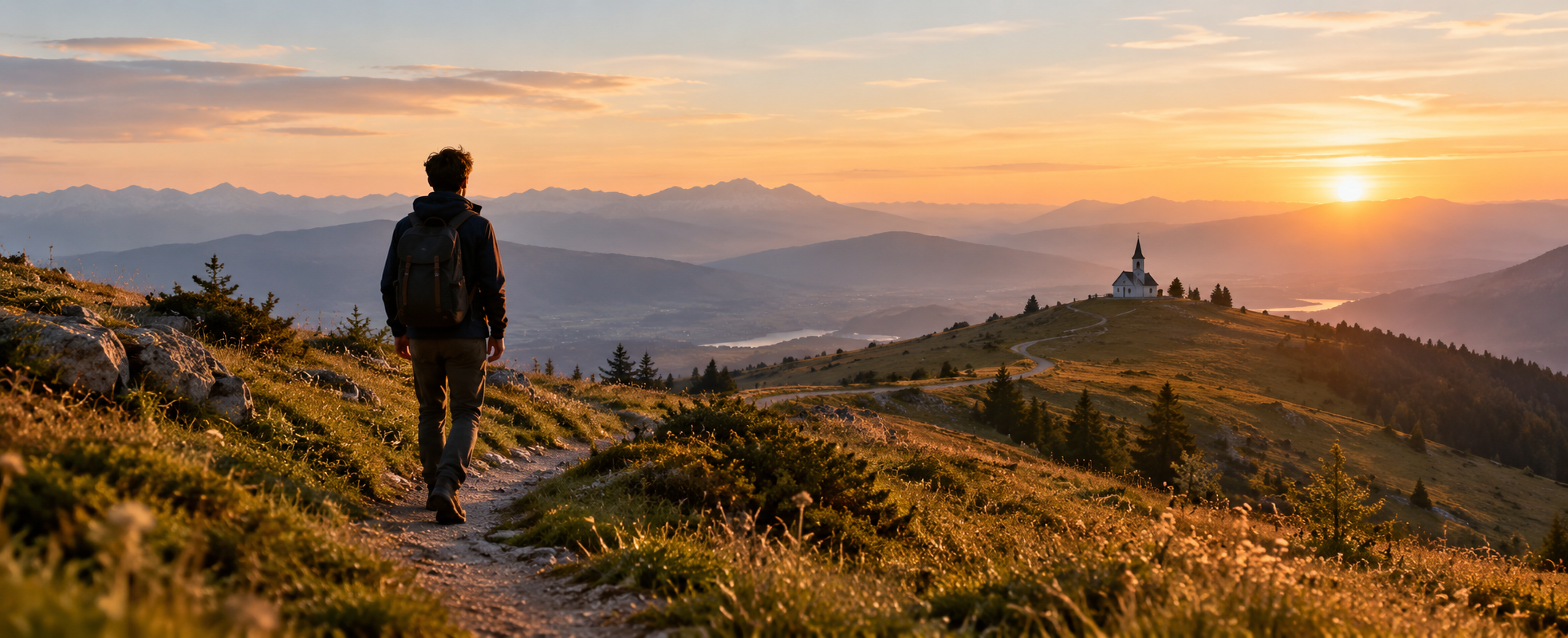 Auf dem Bild sieht man einen jungen Mann von hinten, der Richtung Sonnenuntergang über eine hügelige Wiese geht. Im Hintergrund sind Berge und der Sonnenuntergang, sowie in der Ferne eine kleine Kirche zu sehen.