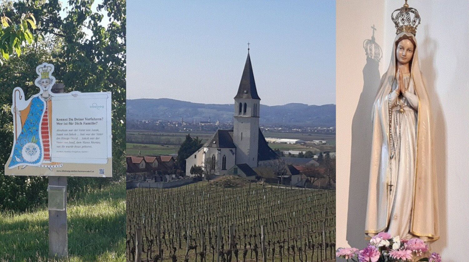 Pfarre Stetten Außenansicht Pfarrkirche und Marienstatue