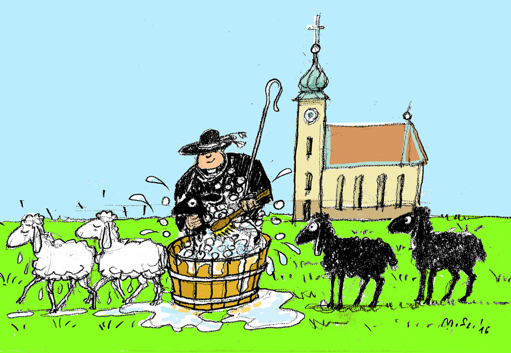 Cartoon die schwarzen Schafe werden weiß gewaschen.