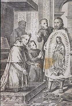 Der Hl. Juan Diego mit dem Bild der Morenita vor dem Bischof von Mexiko