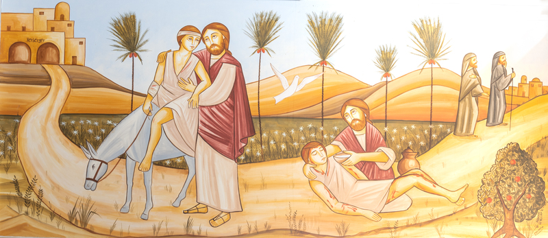 Christus entfaltet das Gleichnis als Beispiel für die bedingungslose Nächstenliebe. Ein Mann wird von Räubern schwer verletzt und bleibt am Straßenrand liegen. Priester und Levit, obwohl rechtgläubig und fromm, gehen vorrüber. Erst ein Samaritaner ni