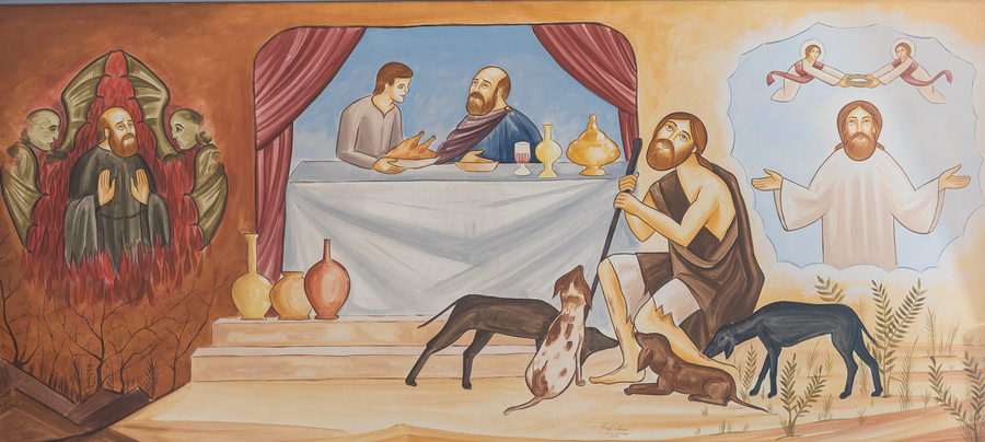 In diesem Gleichnis bittet der arme Lazarus (nicht zu verwecheln mit dem Bruder der Marta) einen reichen Mann um die Brotstücke, die von seinem Tisch fallen. Stattdessen kommen die Hunde und lecken seine Geschwüre. Nach dem Tod kommt Lazarus in den H