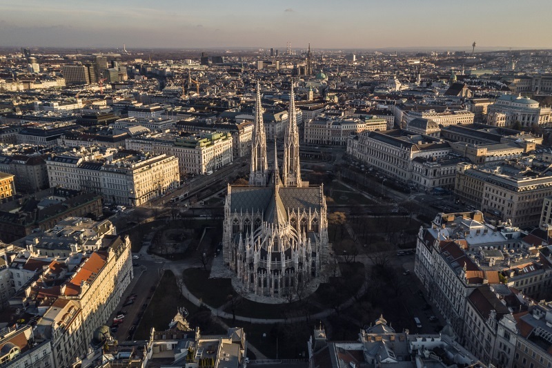 Aerial view of Votivkirche in Vienna, Austria
