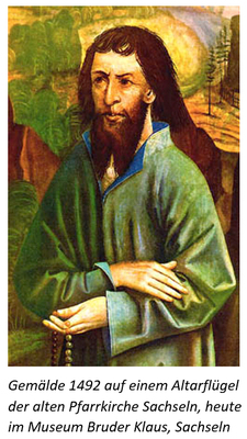 Gemälde 1492 auf einem Altarflügel der alten Pfarrkirche Sachseln, heute im Museum Bruder Klaus, Sachseln