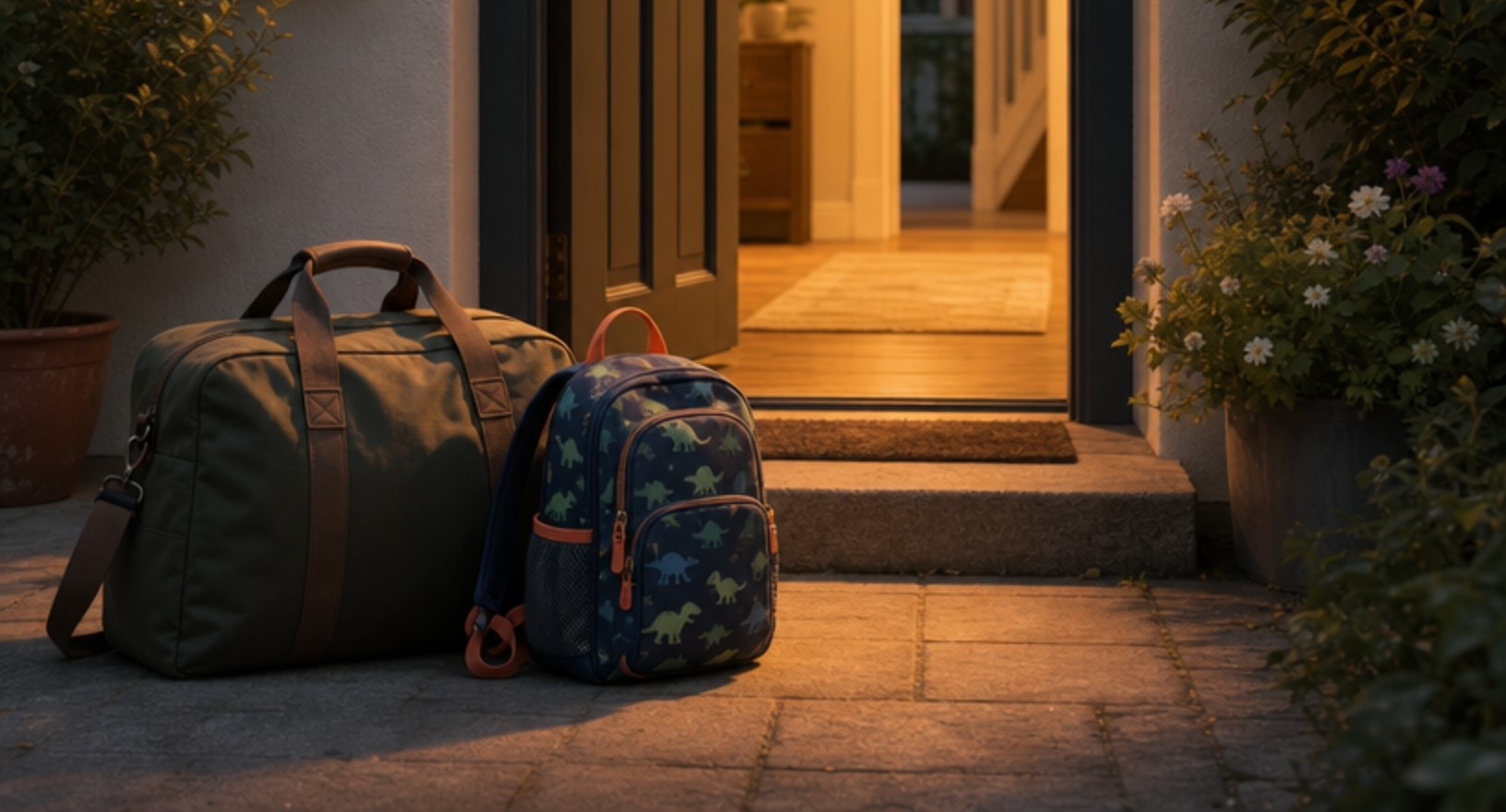 Eine gepackte Reisetasche und ein Kinderrucksack stehen abends vor einer geöffneten Haustür