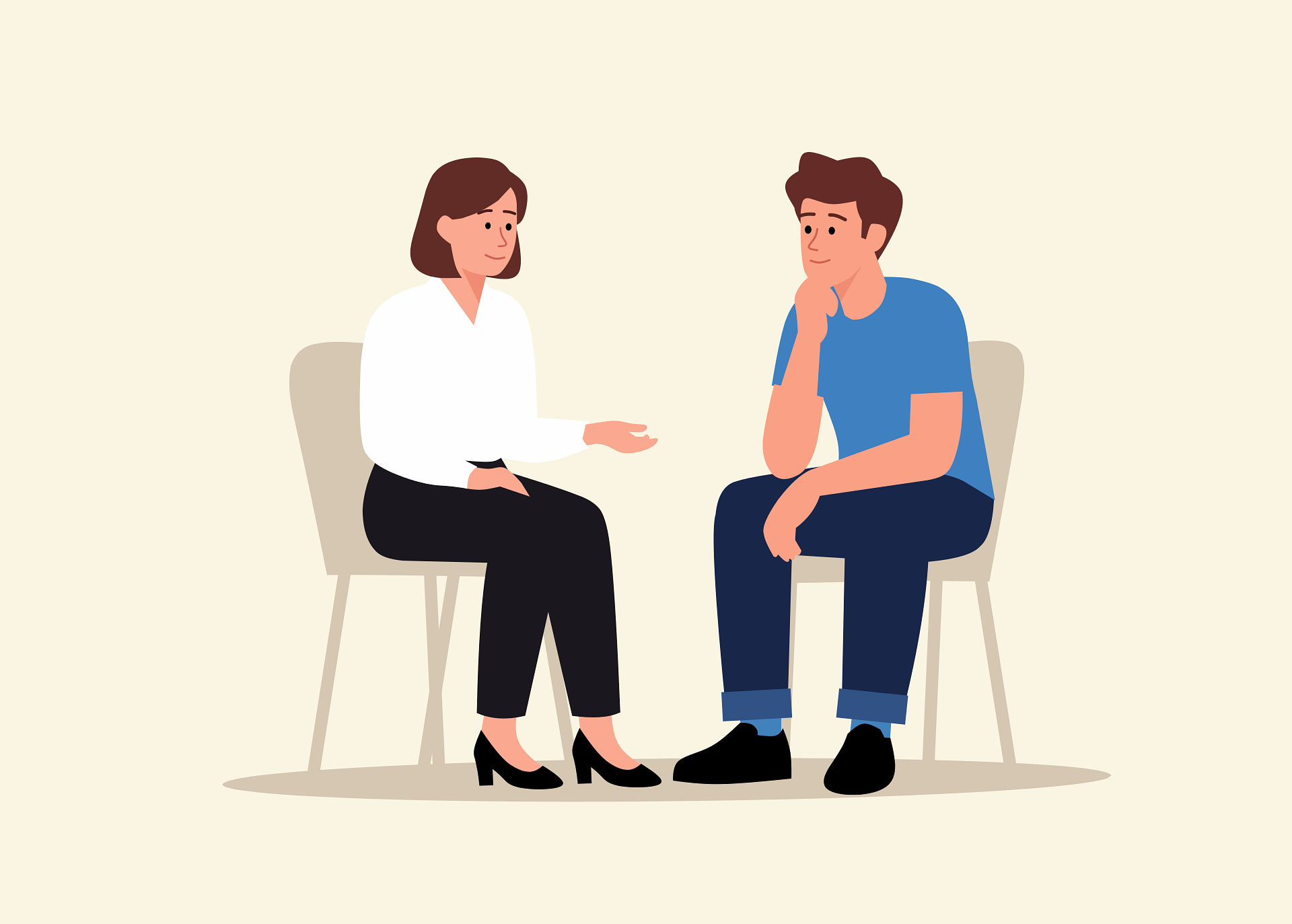 Illustration eines Beratungsgesprächs, eine Frau im Businessoutfit und ein nachdenklicher Mann sitzen sich auf Stühlen gegenüber und unterhalten sich