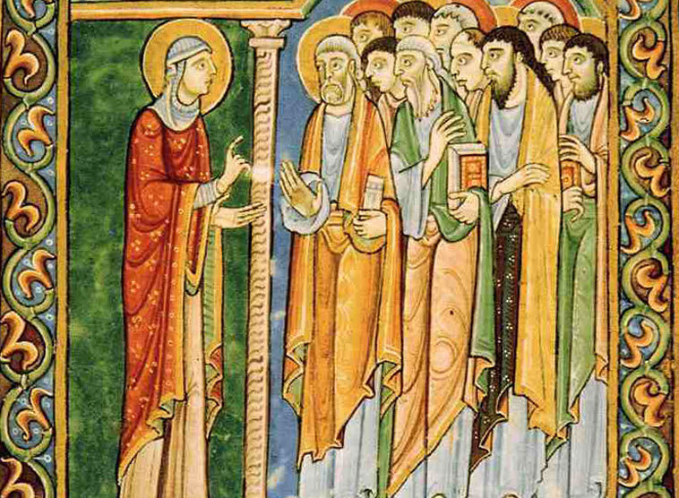 Maria von Magdala verkündet den Jüngern die Osterbotschaft (St. Albans Psalter, England, 12. Jh.) 