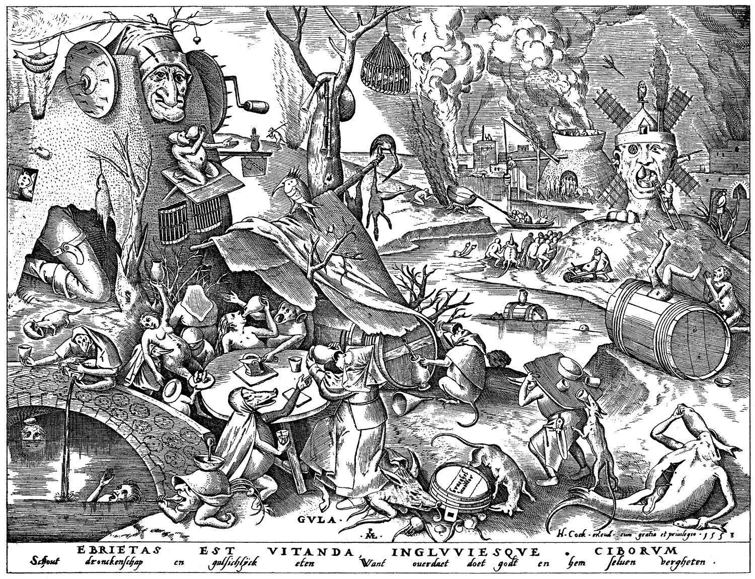 Pieter Bruegel der Ältere / Hieronymus Cock - Kupferstich Todsünde Völlerei Unmäßigkeit