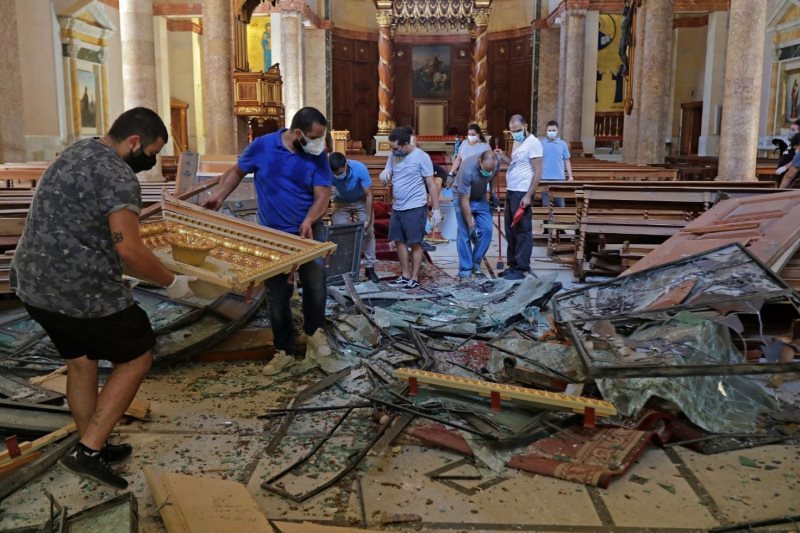 Lebanon, Beirut August 2020The Maronite Cathedral in Beirut after the explosion on August 4th 2020: Young Christian volunteers helping in the wake of last weeks explosion to clear the damaged Maronite Cathedral in Beirut