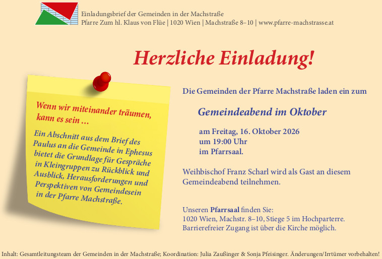Einladungsbrief Seite 1 / Pfarre Machstraße