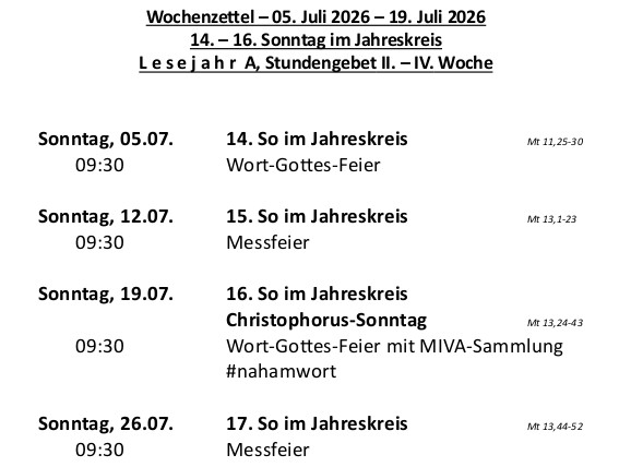 Wochenzettel Seite 1 / Pfarre Machstraße