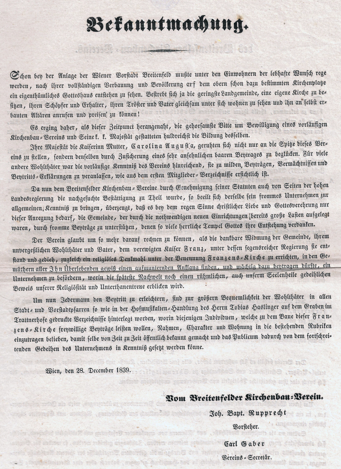 Bekanntmachung des Kirchenbauvereins aus dem Jahr 1839 (Wienbibliothek im Rathaus, Druckschriftensammlung, E-53563)