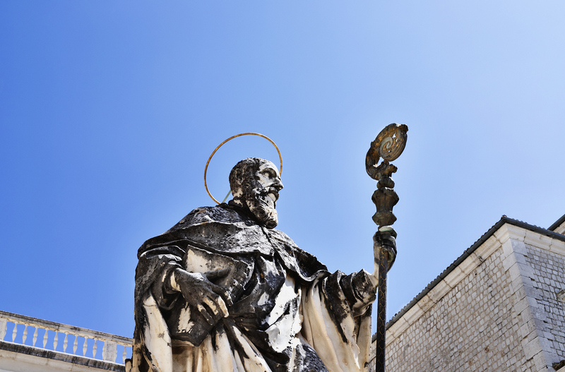 Montecassino Abbey -Italy -statue of St. Benedict against blue sky  , Benedictine monastery