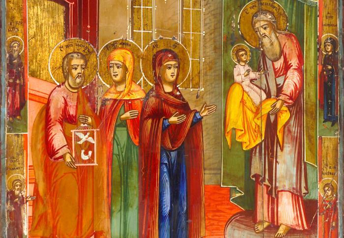 Jesus wird von Maria und Josef im Tempel präsentiert und Simeon und Hanna erkennen ihn als das 'Licht der Welt'.