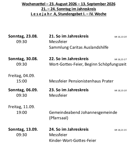 Wochenzettel Seite 1 / Pfarre Machstraße