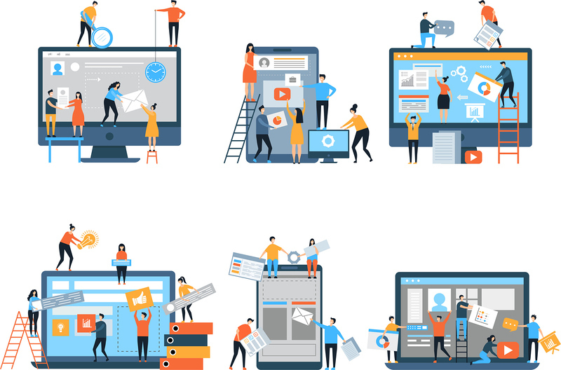 Making site. Web pages under construction seo optimization marketing simple people group business team vector stylized characters. Web programmer making optimization page seo illustration