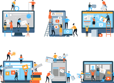 Making site. Web pages under construction seo optimization marketing simple people group business team vector stylized characters. Web programmer making optimization page seo illustration