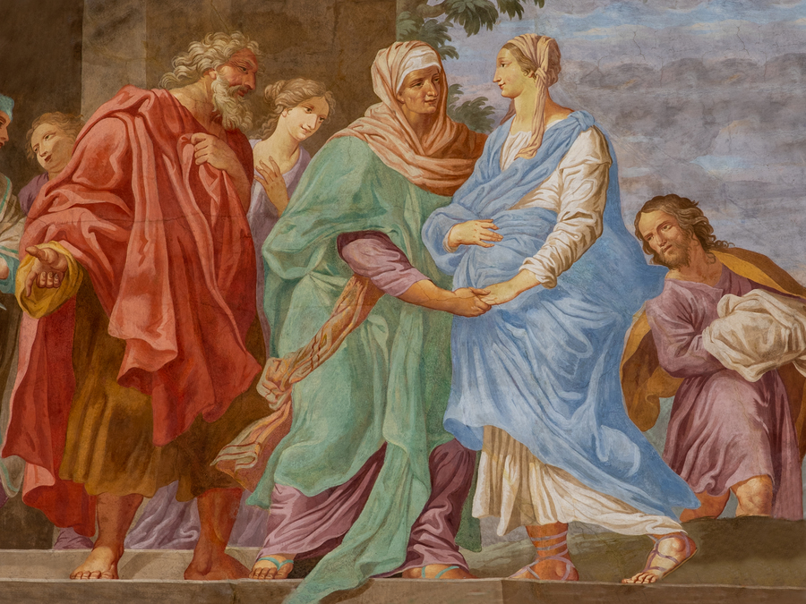Die schwangere Maria besucht ihre ebenfalls schwangere Tante Elisabeth. Das Kind in Elisabeths Leib hüpft vor Freude und Elisabeth grüßt Maria mit den Worten des Ave Maria: “Gesegnet bist du mehr als alle Frauen und gesegnet ist die Frucht deines Lei