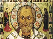  Nikolaus fra Myra på et russisk ikon fra 1200-tallet Nikolaus den hellige Av Ukjent. Lisens: Falt i det fri (Public domain)