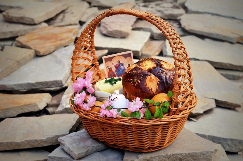 Easter basket on the gray stone background