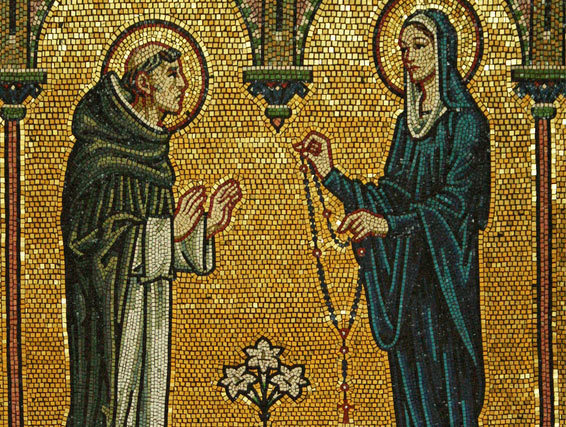 Maria überreicht Dominikus den Rosenkranz