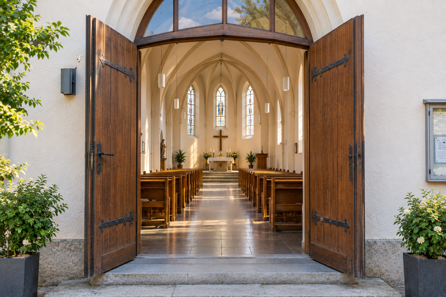 Auf dem Bild sieht man das offene Eingangstor einer Kirche. Links und rechts vom Tor sind kleine Pflanzentröge. Man sieht durch die offene Tür in den Altarraum und in das Kirchenschiff. Man sieht die Kirchenbänke bis zum Altar hin und am Ende ein kle