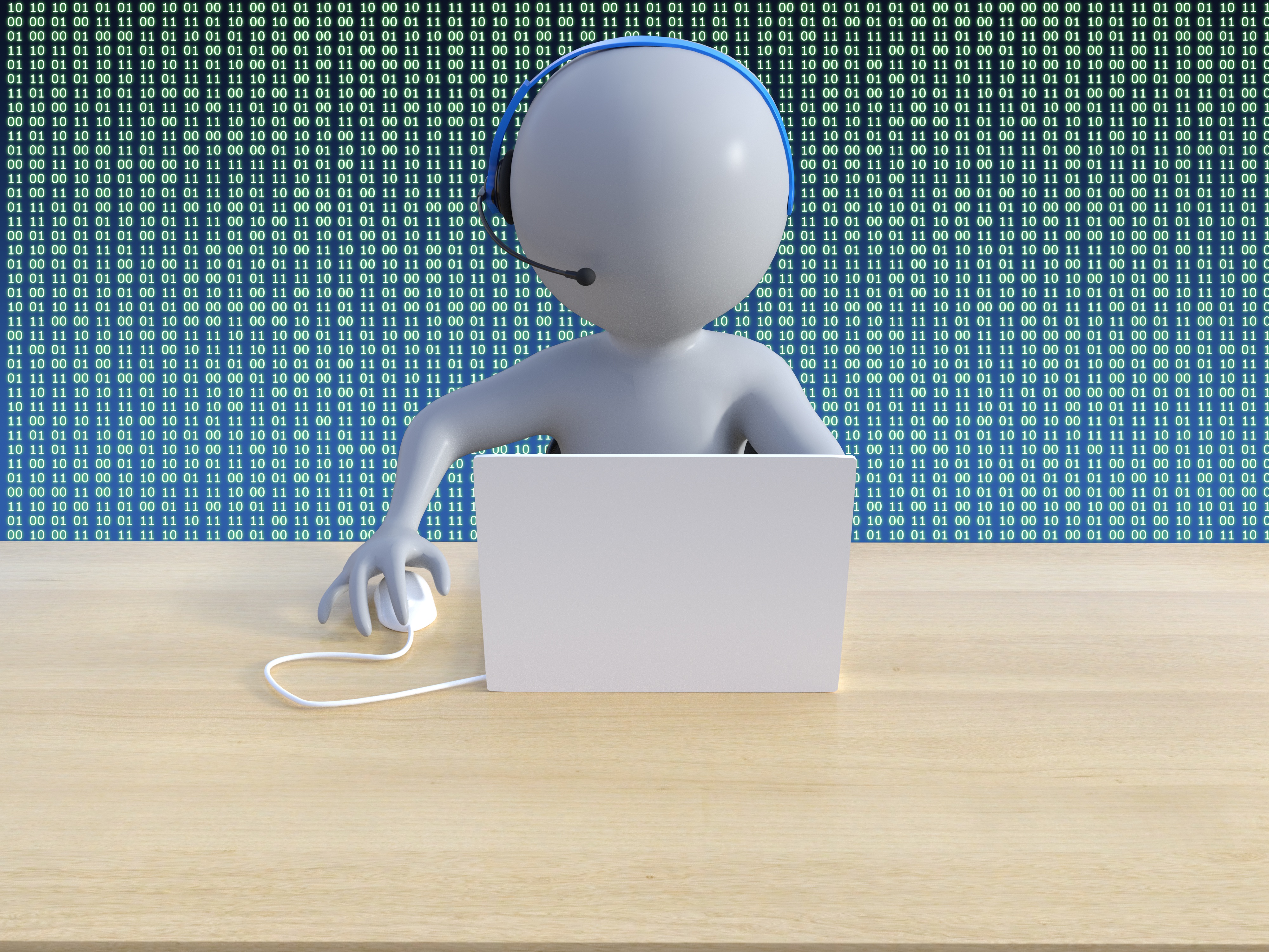 3D-Figur mit Headset sitzt vor einem Laptop, im Hintergrund eine Wand mit Binärcode