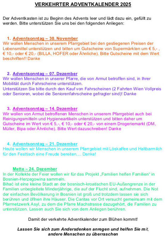 Verkehrter Adventkalender / Pfarre Machstraße