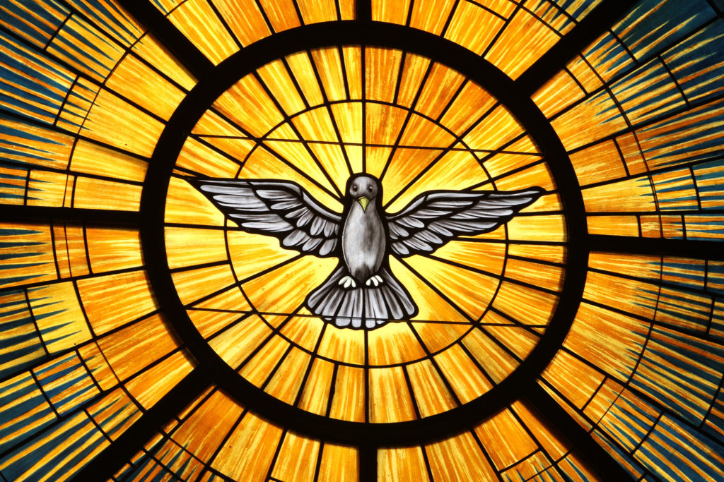 The Holy Spirit, traditionally depicted as a dove, is pictured in a stained-glass window at St. John Vianney Church in Lithia Springs, Ga. The feast of Pentecost, marking the descent of the Holy Spirit upon the apostles, is May 24 this year. (CNS pho