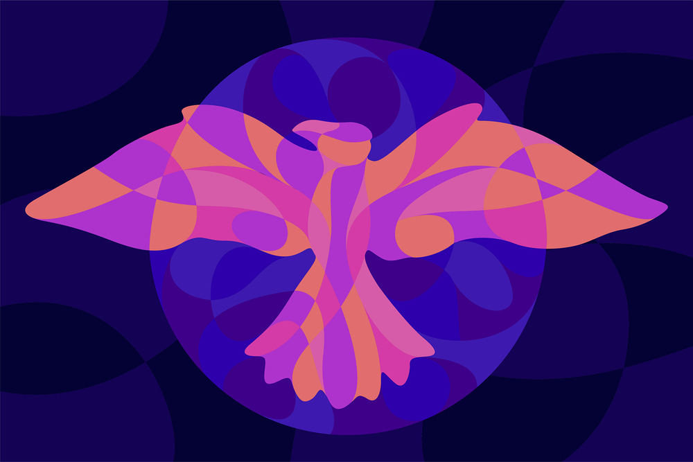 Bunte abstrakte Darstellung einer Taube mit ausgebreitetend Flügeln.