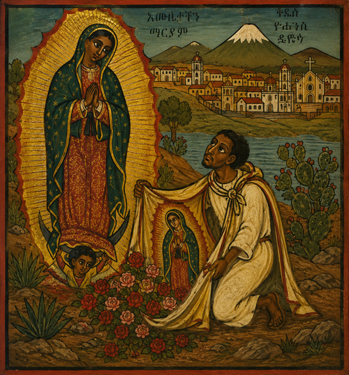 Hl. Juan Diego bei der Erscheinung der Mutter Gottes / AI generiert ChatGPT Hl. Juan Diego bei der Erscheinung der Mutter Gottes