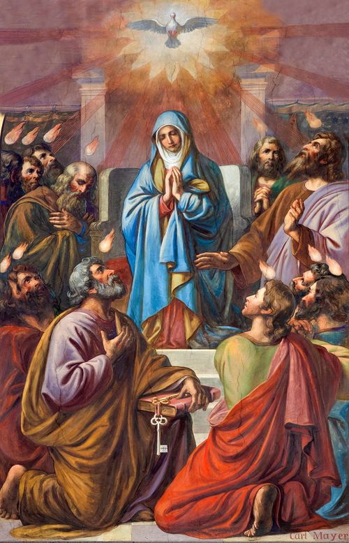 Am 50. Tag nach Ostern (griechisch pentecoste = 50) wird die Sendung des Heiligen Geistes gefeiert. Der Heilige Geist kommt wie Feuerzungen auf die versammelten Jünger herab und sie sind fähig in fremden Sprachen zu reden. Es ist gleichsam die Überwi