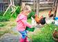 little girl feeding chickens in front of farm