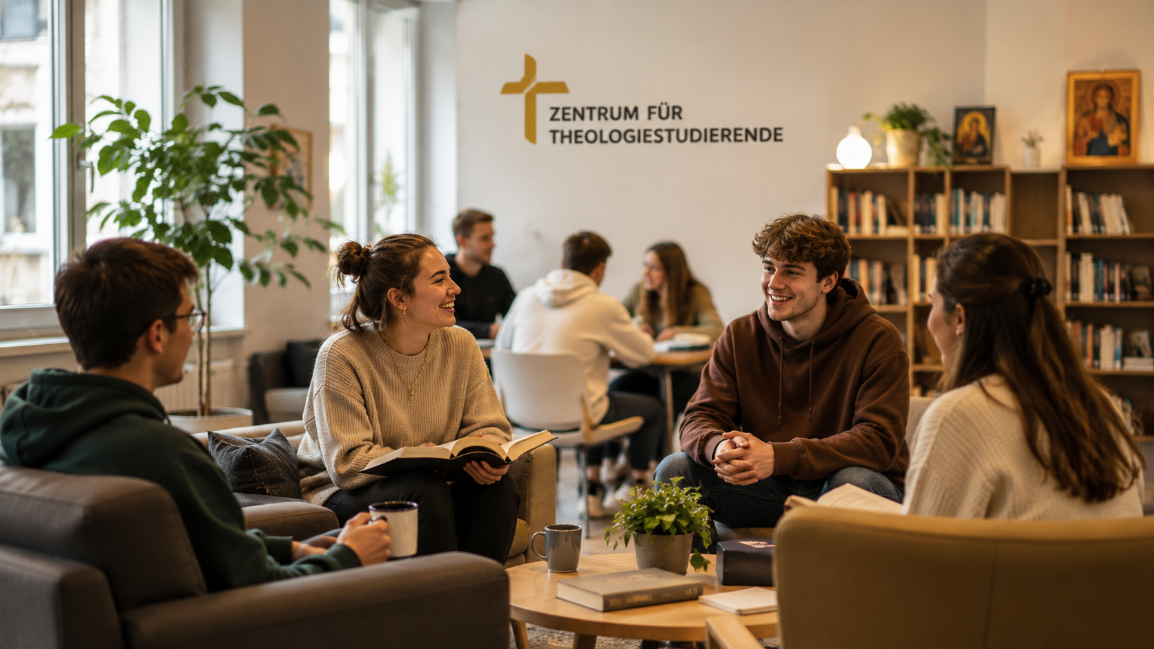 Einge Gruppe von Studierenden sitzen im Foyer und unterhalten sich fröhlich. 