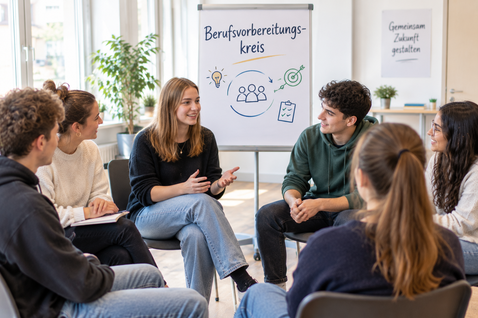 Auf dem Bild sieht man eine gruppe von jungen Menschen, wie sie in einem Sesselkreis sitzen und sich unterhalten. Im Hintergrund sieht man ein Whiteboard mit Ideen zur Berufsvorbereitung. 