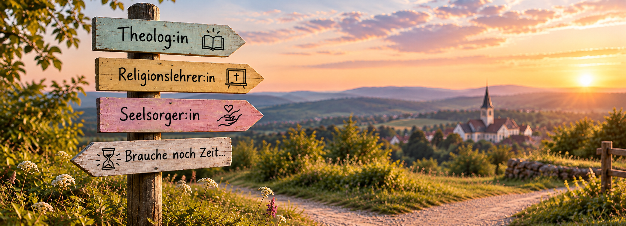 Auf dem Bild sieht man einen Wegweiser stehen, der vier Schilder in unterschiedlichen Farben und AUfschrift aufweist. Im Hintergrund sieht man einen Weg, der durch die Wiese führt, Richtung Kirche und Dorf. Weiterhinten sieht man Berge am Horizont un