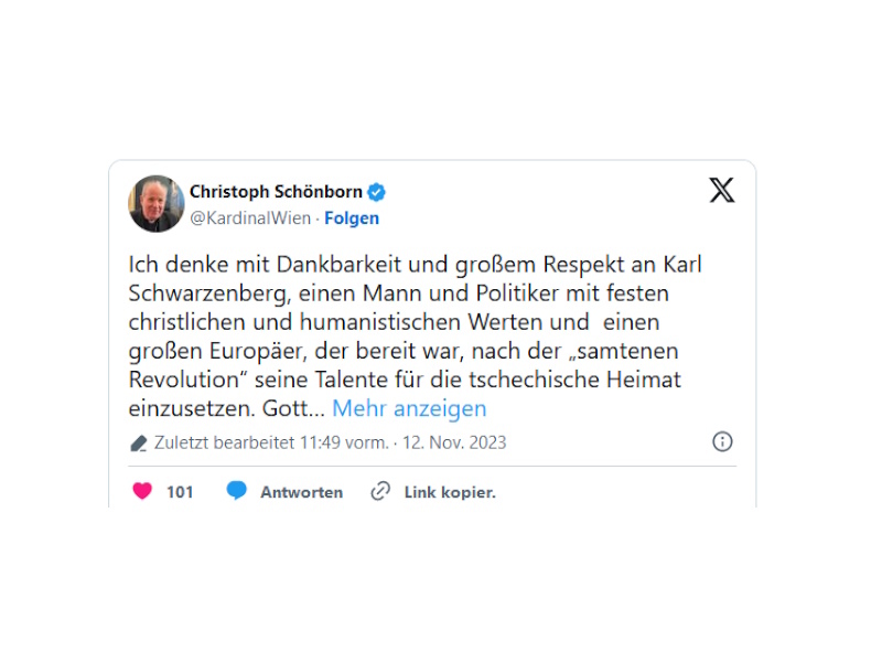 'Großer Europäer': Schönborn würdigt Karel Schwarzenberg