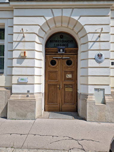 Holztür im Rundbogenportal des Bezirksgerichts Liesing