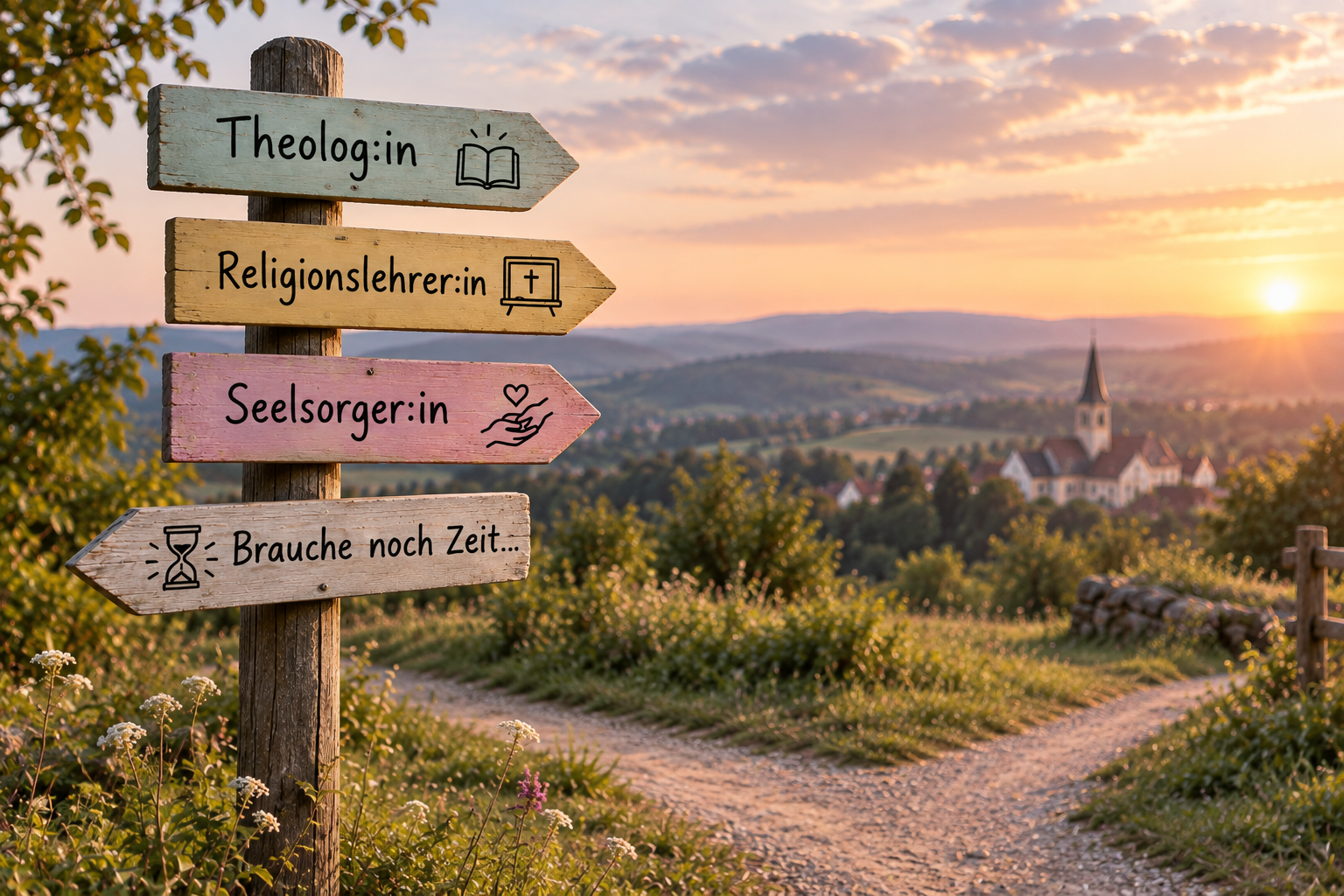 Auf dem Bild sieht man einen Wegweiser mit bunten Schilder. Hinter dem Wegweiser geht ein Weg, der sich gerade kappelt und eine grüne Wiese. Ein Weg führt zu einem Dorf und einer großen Kirche. Im Hintergrund sieht man den Sonnenuntergang.