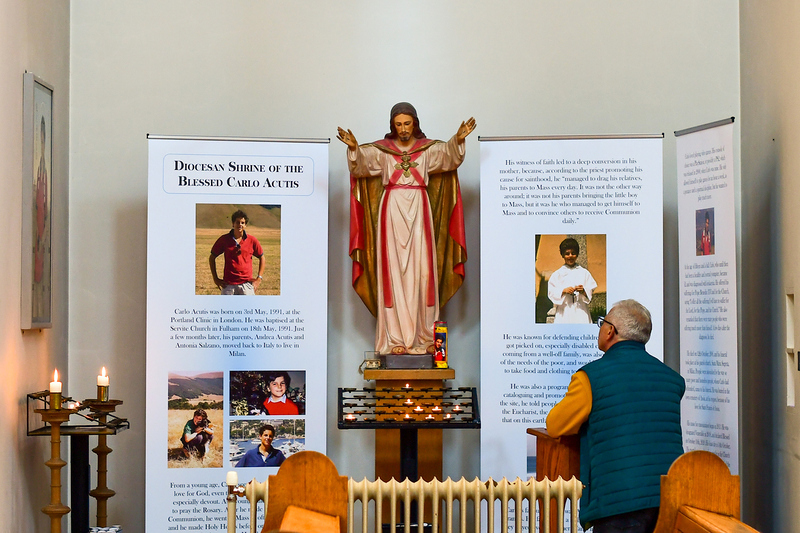 Dedicated to Carlo Acutis, a London-born, Italian-raised candidate for sainthood. Inside St Peter's, a Catholic church in Hove, England.