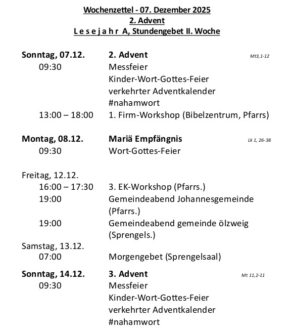 Wochenzettel Seite 1 / Pfarre Machstraße