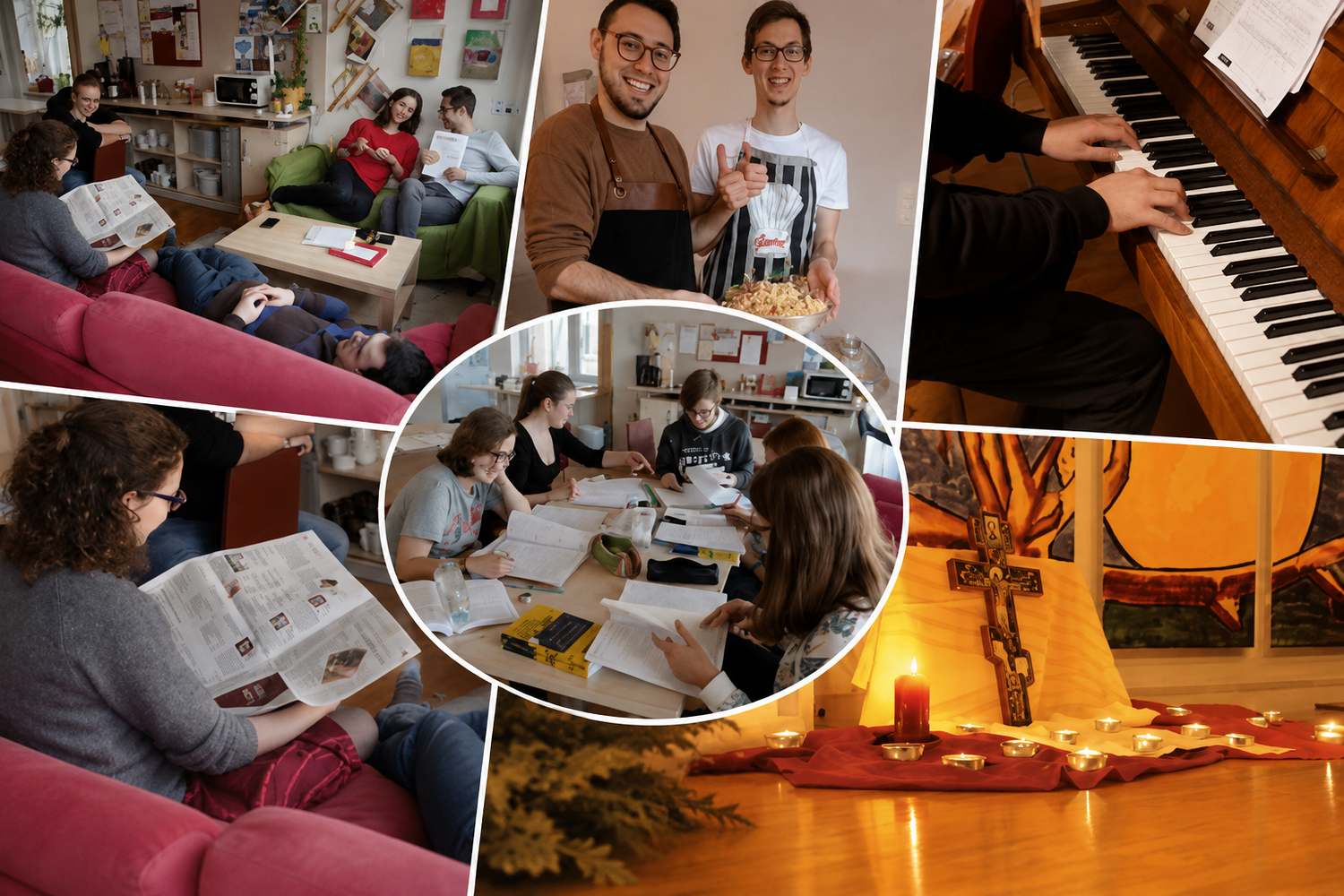 Was Studierende im Zentrum tun können. / Zentrum für Theologiestudierende Eine Collage mit vielen Studierenden, die alle einer Bescäftigung im Zentrum nachgehen. Sie kochen gemeinsam, muszizieren am Klavier, lesen und diskutieren auf der Couch, lernen gemeinsam am großen Tisch für ihr Studium und sie haben auch die Möglich