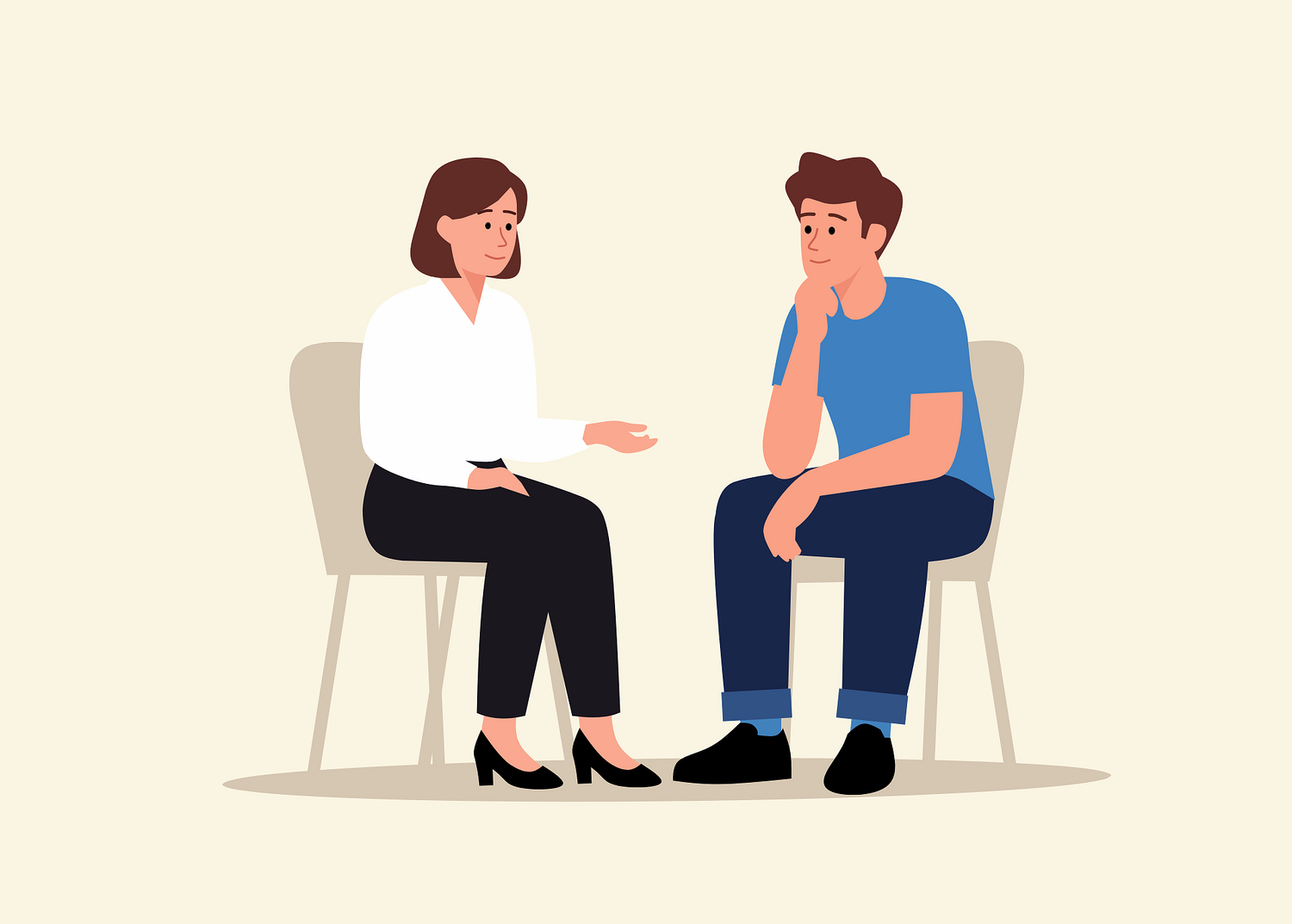 Illustration eines Beratungsgesprächs, eine Frau im Businessoutfit und ein nachdenklicher Mann sitzen sich auf Stühlen gegenüber und unterhalten sich