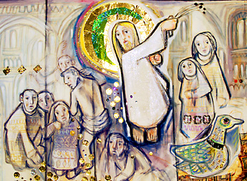 Jesus vertreibt die Händler aus dem Tempel. Detail aus dem größten Fastentuch der Welt von Sepp Jahn und Edith Hirsch. Dominikanerinnenkloster Kirchberg am Wechsel (NÖ)© Foto: Franz Josef Rupprecht, A-7123 Mönchhof, Raiffeisenkasse Mönchhof, Konto