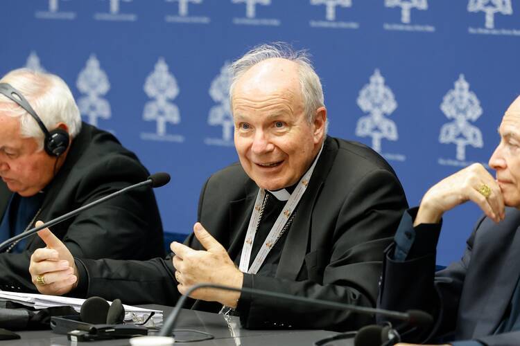 Cardinal Christoph Schönborn of Vienna speaks during a briefing about the assembly of the Synod of Bishops at the Vatican Oct. 23, 2023. (CNS photo/Lola Gomez)