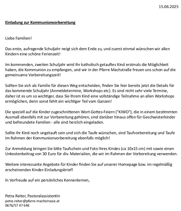 Erstkommunion Einladungsbrief / Pfarre Machstraße