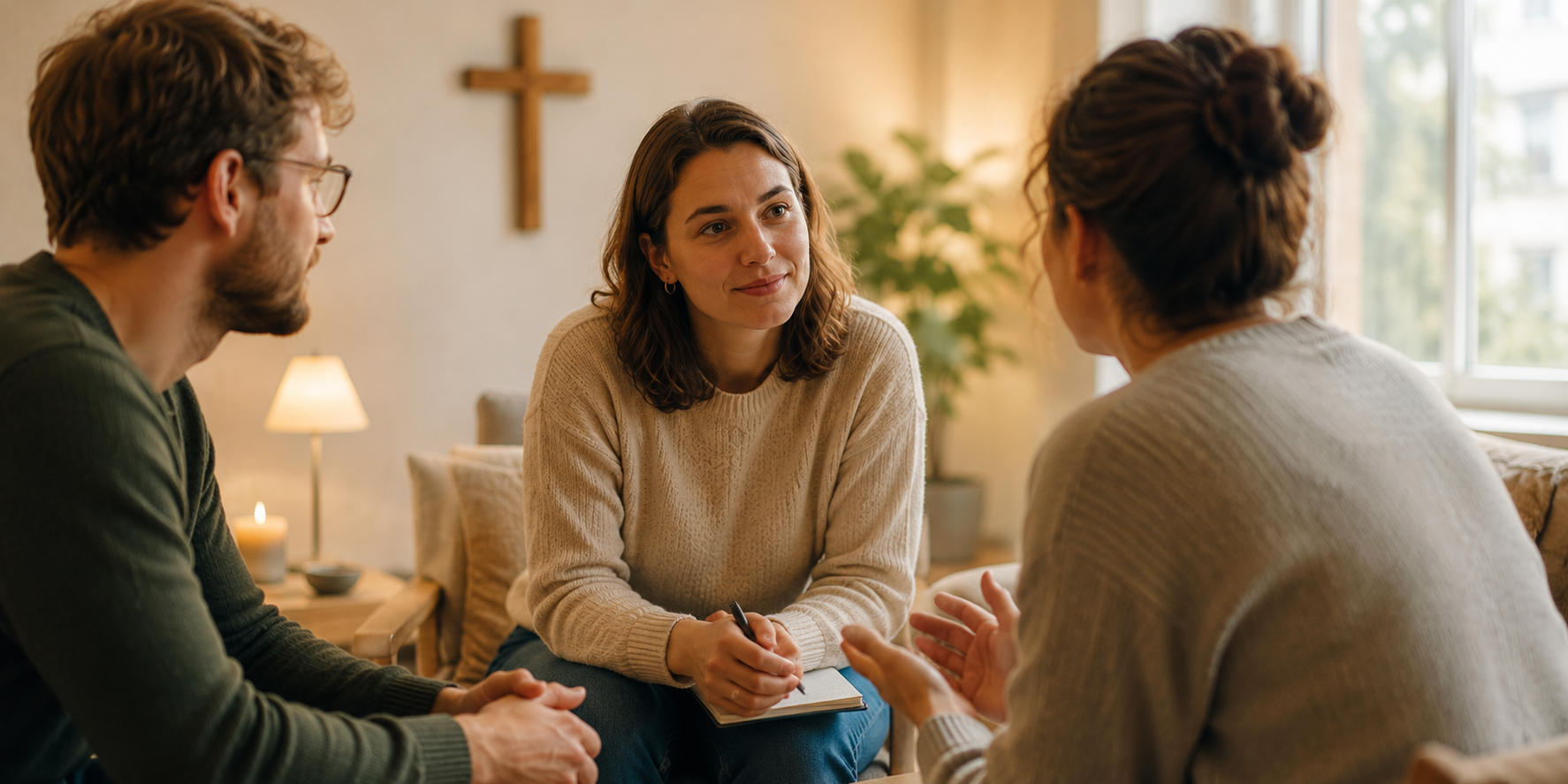 2 Frauen und 1 Mann und 2 Frauen auf einem Sofa sitzend und in ein Gespräch vertieft.